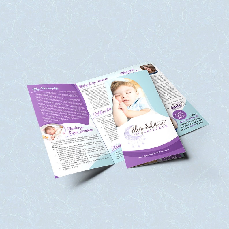 Puede incluir: Un folleto tr&iacute;ptico de color morado y blanco con el t&iacute;tulo "Sleep Solutions for Children". El folleto anuncia servicios de consultor&iacute;a del sue&ntilde;o para beb&eacute;s, ni&ntilde;os peque&ntilde;os y reci&eacute;n nacidos. El folleto incluye una foto de un beb&eacute; durmiendo y un n&uacute;mero de contacto.