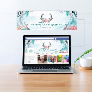 May include: A laptop computer displaying a Facebook page for a business called "Southern Sass Design NC". The page features a watercolor design with antlers and flowers. The business appears to sell custom tumblers and other personalized items.