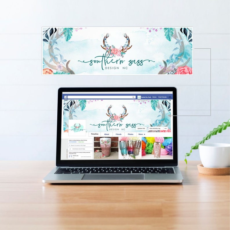 May include: A laptop computer displaying a Facebook page for a business called "Southern Sass Design NC". The page features a watercolor design with antlers and flowers. The business appears to sell custom tumblers and other personalized items.