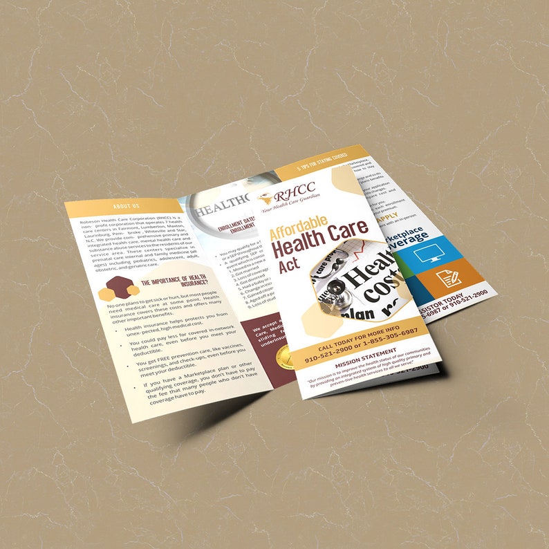 Puede incluir: Un folleto de tres pliegues con un dise&ntilde;o de moneda de oro en la portada. El folleto es para una empresa de atenci&oacute;n m&eacute;dica llamada RHCC, que significa "Your Health Care Guardian". El folleto anuncia planes de atenci&oacute;n m&eacute;dica asequibles bajo la Ley de Atenci&oacute;n M&eacute;dica Asequible.
