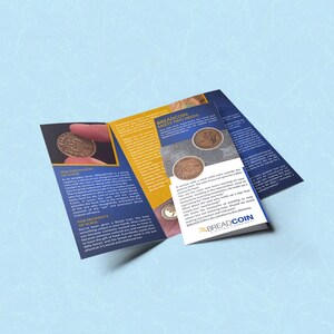 Puede incluir: Un folleto de tres pliegues con un esquema de color marr&oacute;n y dorado. El folleto trata sobre Breadcoin, una moneda local. El folleto presenta una foto de una moneda con las palabras "Breadcoin" y "Una moneda que da" en ella. El folleto tambi&eacute;n incluye texto sobre los beneficios de usar Breadcoin.