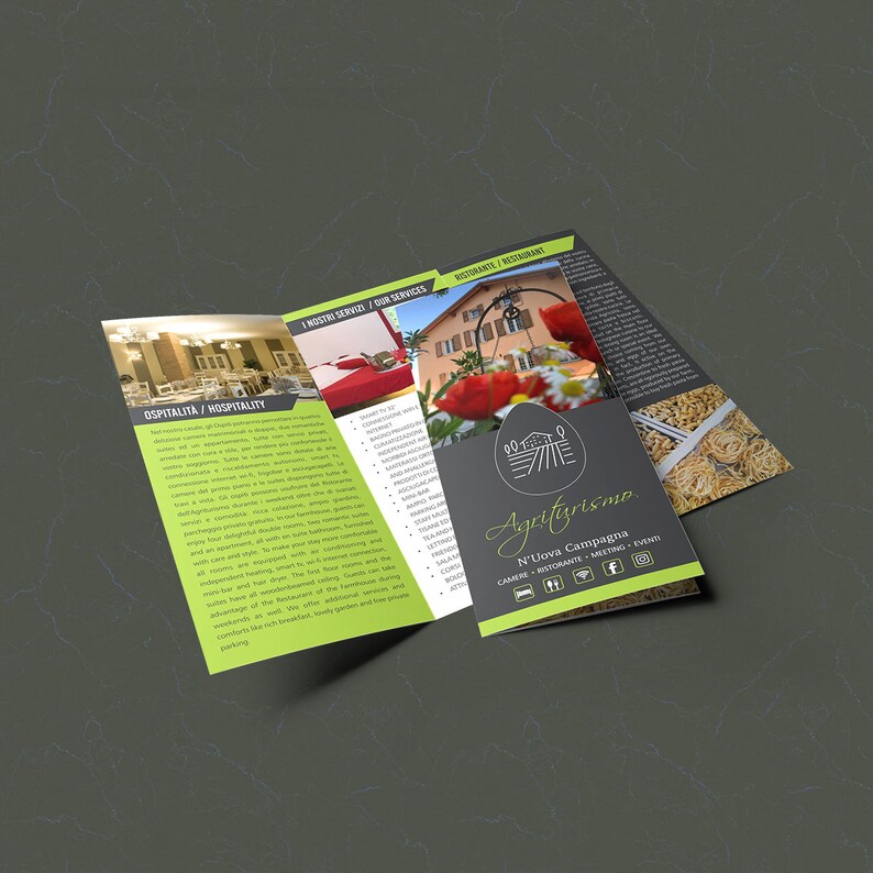 Puede incluir: Un folleto tr&iacute;ptico para un negocio de agroturismo llamado "N'Uova Campagna". El folleto presenta un logotipo verde y blanco con una imagen estilizada de una granja. El folleto tambi&eacute;n incluye im&aacute;genes del restaurante, las habitaciones y un campo de trigo.