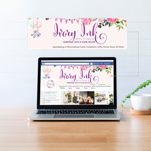 May include: A computer screen displaying a Facebook page for Ivory Ink Boutique, a business specializing in handmade gifts and home decor. The page features a pink and white banner with floral illustrations and the text "Ivory Ink Boutique Handmade Gifts & Home Decor" and "Specializing in Personalized Cards, Invitations, Gifts, Home Decor & More!"