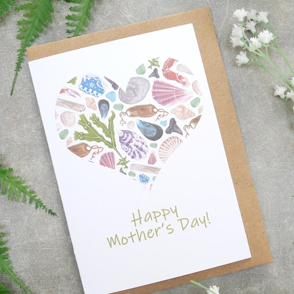 Mother's Day Beachcombing Heart Card - 100% Recycled Nature Inspired Illustrated Greetings Card, Plastic-Free Packaging - Blank Inside