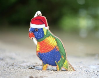 Rainbow Lorikeet Christmas Tree Decoration - Illustrated Wooden Wildlife Inspired Festive Decor with Eco Friendly, Plastic Free Packaging