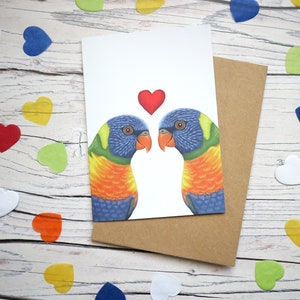 Carte illustrée de la Saint-Valentin avec des loriquets arc-en-ciel - Carte de voeux 100 % recyclée inspirée de la faune avec emballage sans plastique