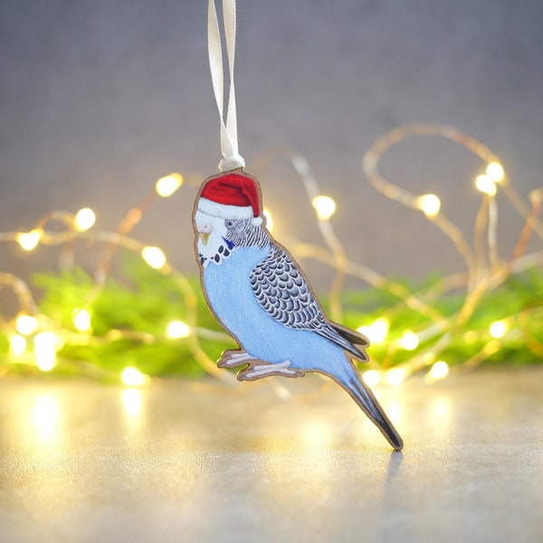 Blue Budgie Christmas Tree Decoration - Illustrated Wooden Wildlife Animal Inspired Festive Decor with Eco Friendly, Plastic Free Packaging