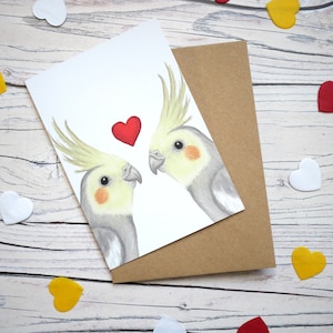 Carte illustrée de calopsittes de la Saint-Valentin - Carte de voeux 100 % recyclée inspirée de la faune avec emballage sans plastique