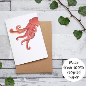 Carte illustrée de pieuvre - Carte de voeux 100 % recyclée inspirée de la faune avec emballage sans plastique - Carte vierge, d'anniversaire, de remerciement