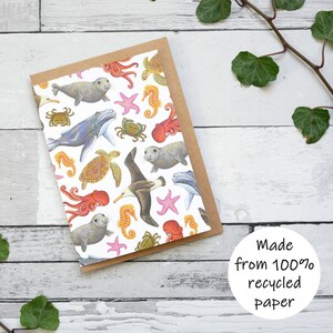 Carte illustrée de la faune marine - Carte de voeux inspirée de la faune 100 % recyclée avec emballage sans plastique - Vierge, anniversaire, merci