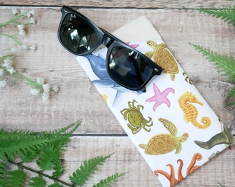 Marine Animals Glasses Case Made From Organic Cotton - Wildlife Inspired Gift, Soft Phone Case with Eco Friendly, Plastic Free Packaging