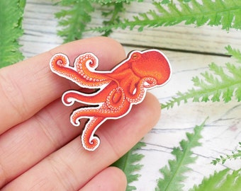 Octopus Wooden Pin - Marine Wildlife, Animal Inspired Gift Accessory With Eco Friendly, Plastic-Free Packaging