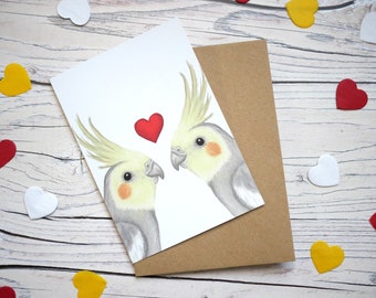 Illustrated Valentine's Day Cockatiels Card - 100% Recycled Wildlife Inspired Greetings Card with Plastic-Free Packaging