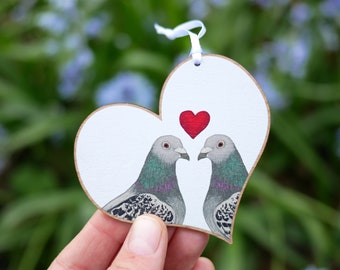Valentine Pigeons Wooden Decoration: Illustrated Sustainable Gift