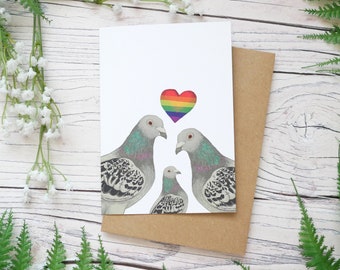 Lesbian Mother's Day Pigeon Card - 100% Recycled Wildlife Inspired Greetings Card, Plastic-Free Packaging, Blank, Father's Day. New Baby