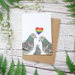 Carte pigeon lesbienne pour la fête des mères - Carte de voeux 100 % recyclée inspirée de la faune, emballage sans plastique, vierge, fête des pères. Nouveau bébé