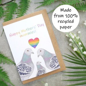Carte de voeux pour la fête des mères lesbiennes, momies et pigeon - 100 % recyclée, carte de voeux inspirée de la faune, emballage sans plastique, intérieur vierge