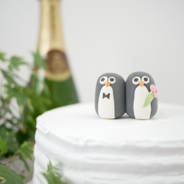 Handmade Bride and Groom Penguin Wedding Cake Topper (With or Without Rainbow) - Made To Order - With Eco Friendly, Plastic Free Packaging