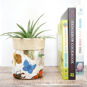 May include: A cylindrical fabric plant pot with a beige rim and a white base, adorned with insect prints. A green plant sprouts from the pot. Three books are positioned behind it, with titles such as "Grow Your Own Veg" and "The Hedgerow Cookbook."