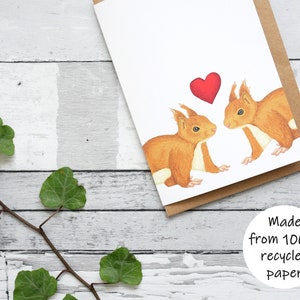 Carte illustrée Saint-Valentin écureuils roux - Carte de voeux 100 % recyclée inspirée de la faune avec emballage sans plastique