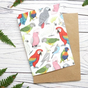 Carte illustrée de perroquets - carte de voeux inspirée de la faune 100 % recyclée avec emballage sans plastique - carte vierge, d'anniversaire, de remerciement