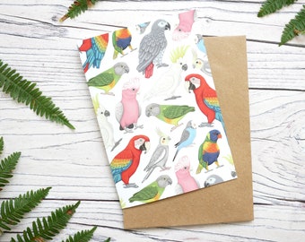Carte illustrée de perroquets - carte de voeux inspirée de la faune 100 % recyclée avec emballage sans plastique - carte vierge, d'anniversaire, de remerciement