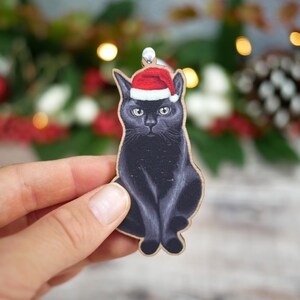 Black Cat Christmas Tree Decoration: Illustrated Wooden Festive Decor