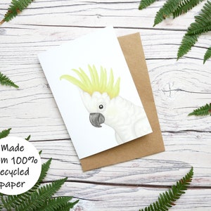 Carte illustrée de cacatoès à huppe jaune - Carte de voeux animalière 100 % recyclée avec emballage sans plastique - Anniversaire, carte de remerciement