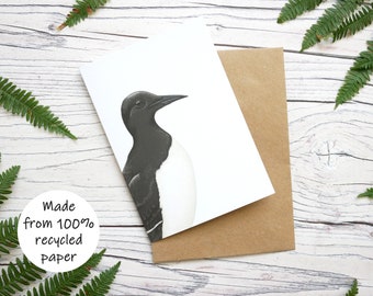 Carte Guillemot illustrée - Carte de voeux 100 % recyclée inspirée de la faune avec emballage sans plastique - Carte vierge, d'anniversaire, de remerciement