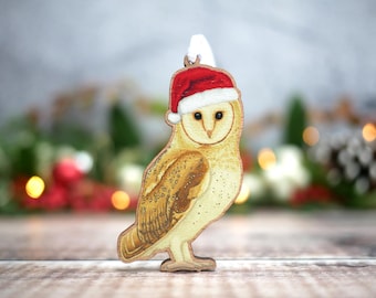 Barn Owl Christmas Tree Decoration: Illustrated Wooden Festive Decor