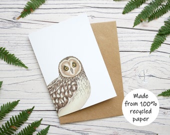 Illustrated Short-Eared Owl Card - 100% Recycled Wildlife Greetings Card with Plastic-Free Packaging - Blank, Birthday, Thank you Card