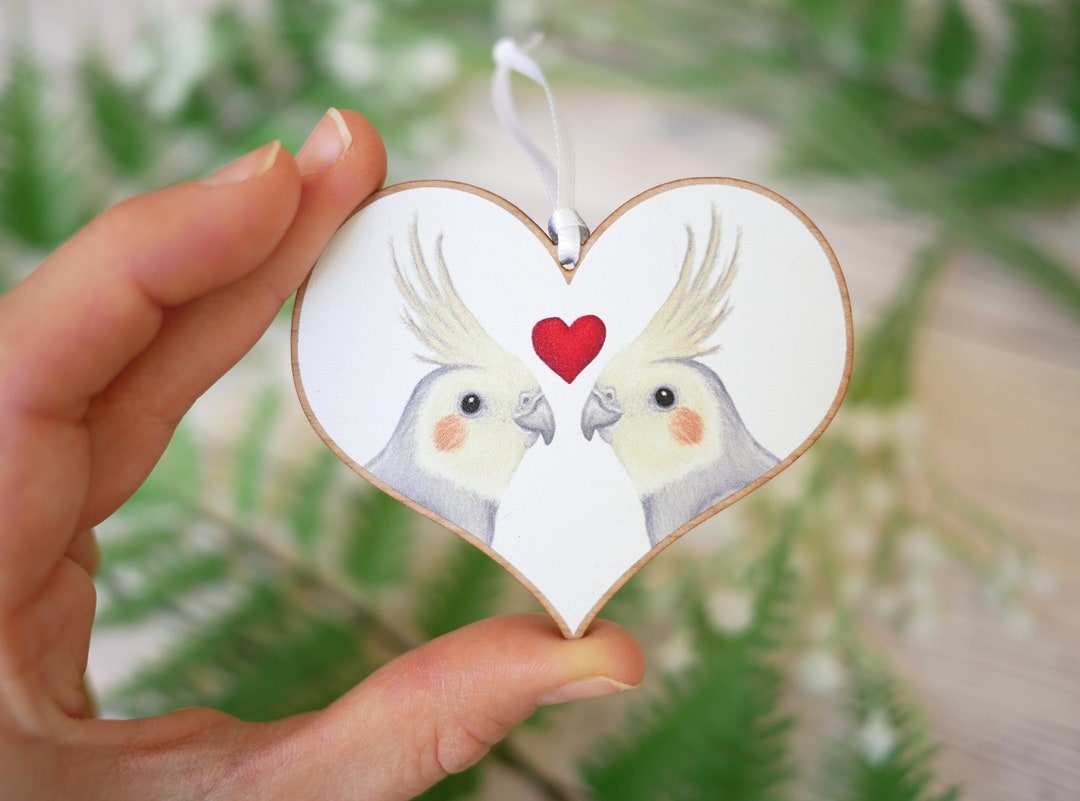 Illustrated Valentine's Day Cockatiels Wooden Decoration Sustainbly ...