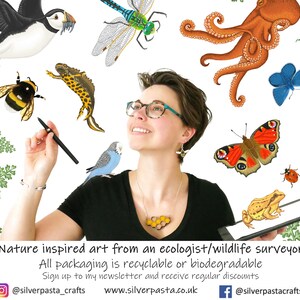 Pu&ograve; includere: Un'illustrazione colorata con vari animali e insetti, tra cui una pulcinella di mare, una libellula, un'ape, un polpo, una farfalla e una rana. Il testo "Nature inspired art from an ecologist/wildlife surveyor" &egrave; incluso.