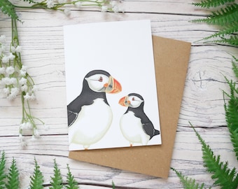 Mother's Day Puffin Card - 100% Recycled Wildlife Inspired Illustrated Greetings Card, Plastic-Free Packaging, Blank, Father's Day, New Baby