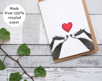 Illustrated Valentine's Badgers Card - 100% Recycled Wildlife Inspired Greetings Card with Plastic-Free Packaging - Blank, Thank You Card