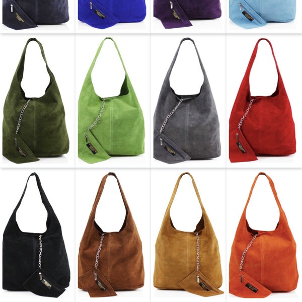 Suede schoudertas talrijke kleuren, suède hobo tas, suède hippie tas, suède slouchy tas, heldere tas, dames suède handtas met portemonnee