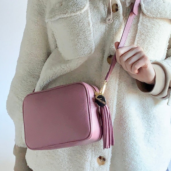 Dusty Pink Leather Crossbody Bag With Tassel & Strap, Tassel Bag, Bridesmaid Bag, Leather Handbag, 3rd Anniversary Gift