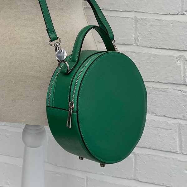 Green Round Leather Grab Bag, Green Circular Bag, Leather Crossbody Bag, Funky Bag, Vintage Bag, Retro Leather Bag, Mum Gift