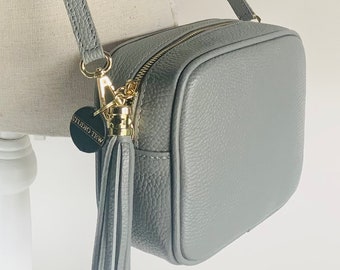 Light Grey Leather Crossbody Bag With Tassel & Strap, Grey Tassel Bag, Bridesmaid Bag, Leather Handbag, 3rd Anniversary Gift