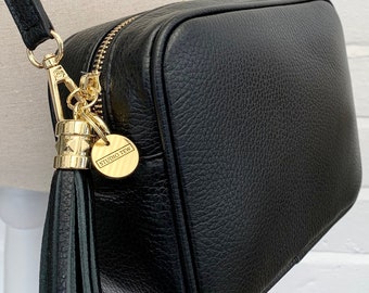 Black Leather Crossbody Bag With Tassel & Strap, Tassel Bag, Bridesmaid Bag, Leather Handbag, 3rd Anniversary Gift