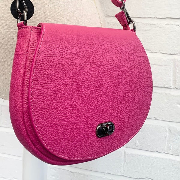 Fuchsia Leather Satchel Bag, Small Pink Bag, Postman Style Bag, Wedding Bag, Small Leather Crossbody Bag