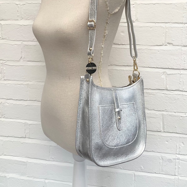 Silver Leather Crossbody Bag, Silver Shoulder Bag, Wedding Bag, Women's Accessories, Unusual Bag, Silver Party Bag, Silver Handbag