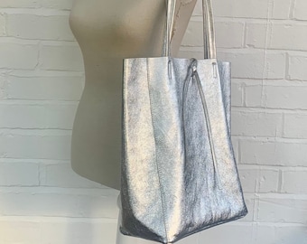 Metallic Leather Shopper Bag, Gold Shoulder Bag, Silver Hobo Bag, Rose Gold Bag, Silver Shopping Bag, Shiny Large Tote Bag