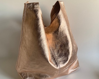 Metallic Leather Slouch Shoulder Bag, Silver Boho Bag, Rose Gold Bag, Gold Slouchy Bag, Shiny Bag, Metallic Bag, Unusual Gift