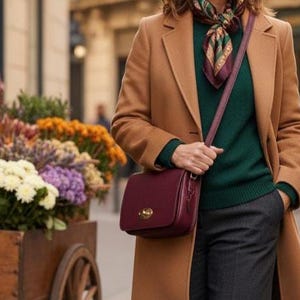 Puede incluir: Una mujer con un abrigo color camel, un suéter verde y pantalones grises, lleva un bolso bandolera burdeos. Lleva una bufanda estampada y gafas de sol. Un carro de madera lleno de flores coloridas está en el fondo.