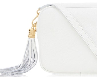 White Leather Crossbody Bag With Tassel & Strap, Tassel Bag, Bridesmaid Bag, Leather Handbag, 3rd Anniversary Gift