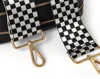 Black & White Canvas Bag Strap, Black White Checkerboard With Gold Hardware, Replacement Bag Strap, Square Print Strap