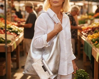 Personalised Handmade Italian Silver Metallic Leather Slouch Bag with Purse