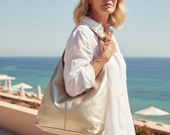 Personalised Gold Metallic Leather Slouch Bag, Italian Shoulder Bag with Purse