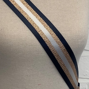 Navy & Rose Gold Canvas Bag Strap, Replacement Bag Strap, Stripe Print Bag Strap, Adjustable Handbag Strap, Silver Hardware Bag Strap